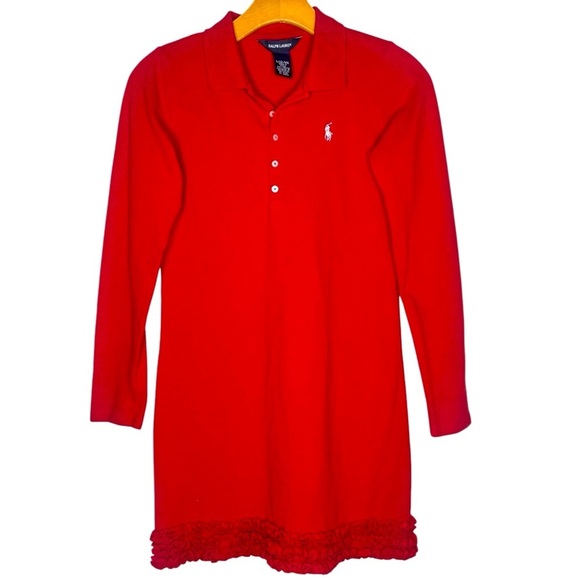 Ralph Lauren Long Sleeve Polo Ruffle Hem Dress Red Size 14-16 Preppy Tennis Prep - Picture 1 of 8